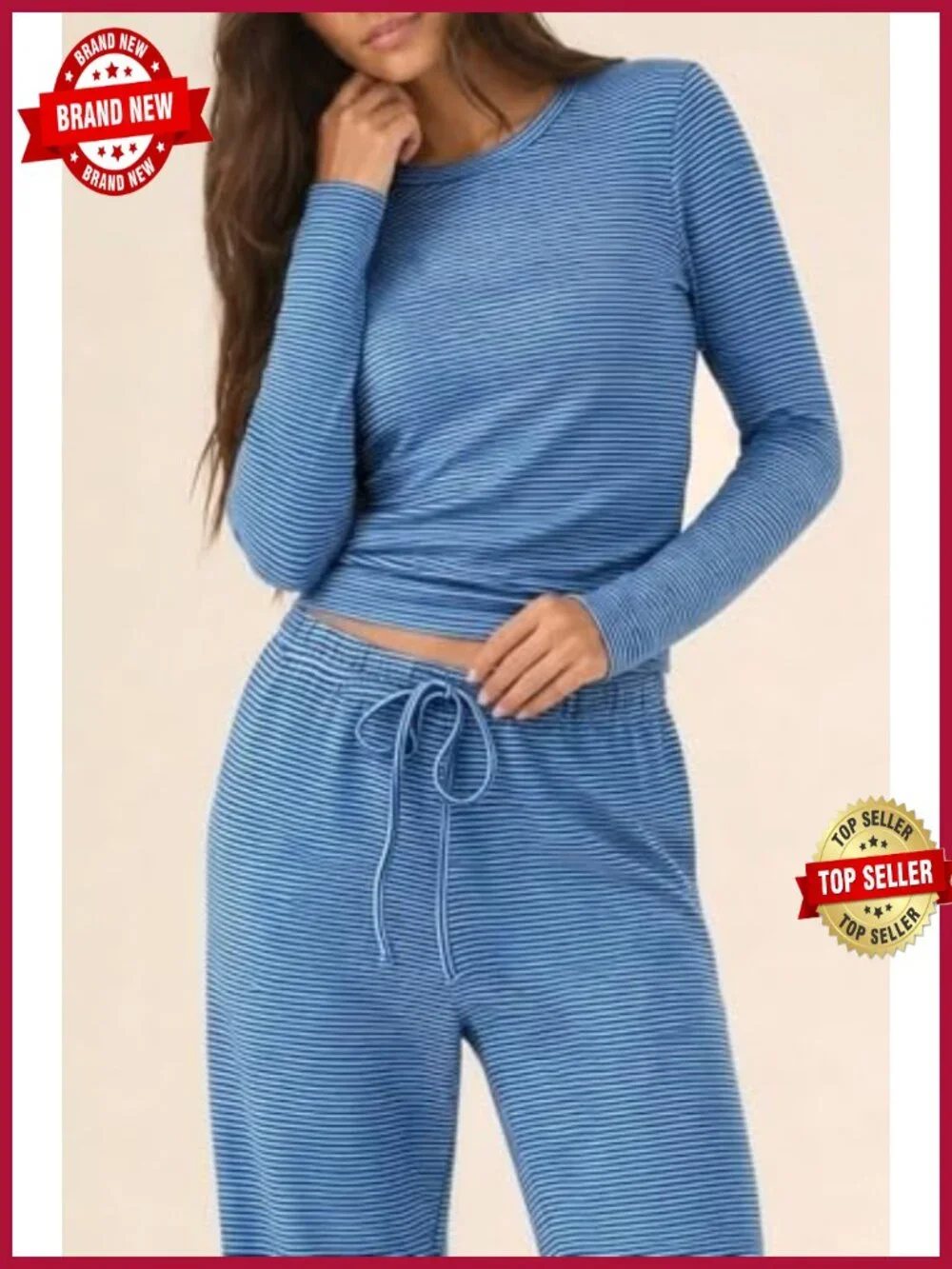 Women's 2 Piece Lounge Set - Long Sleeve Striped Pajamas - Cotton Drawstring